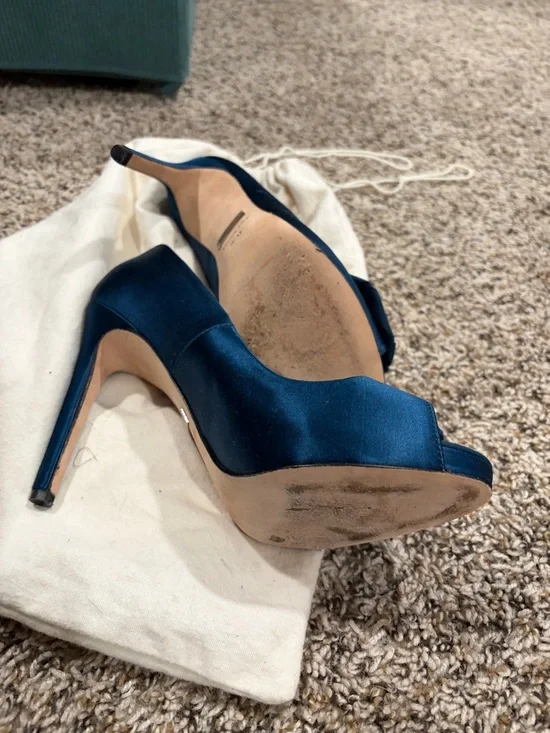 Badgley Mischka Teal Satin Peep-Toe Pumps with Rosette Accent - Picture 5 of 6